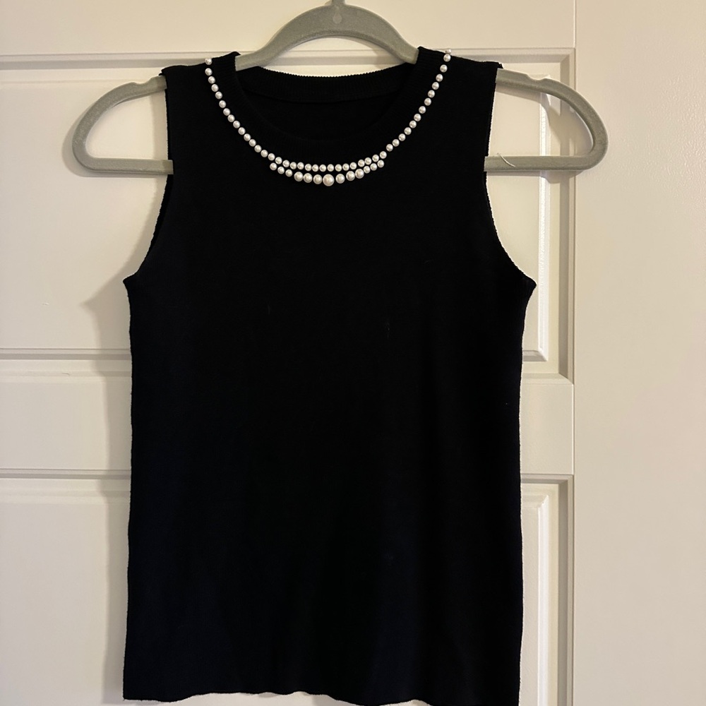 Elegant Black Sleeveless Top with Pearl Accents